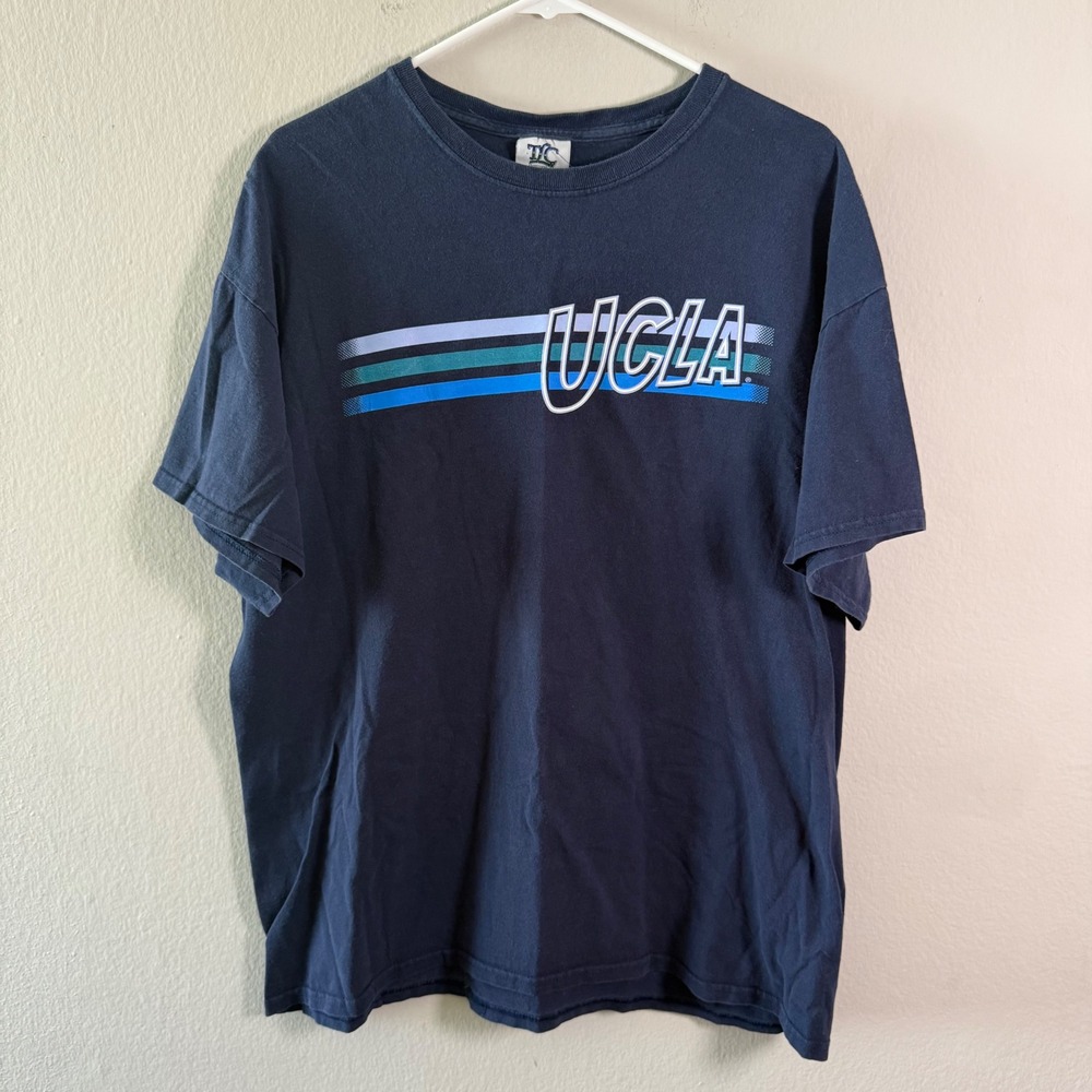 Vintage UCLA Bruins Navy Blue Striped Graphic T-Shirt TLC Sportswear XL Mens